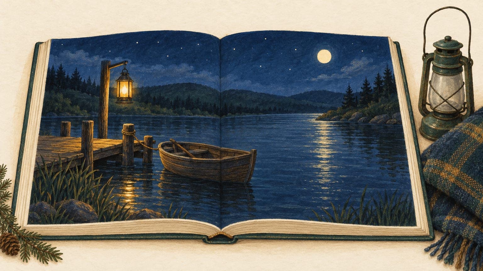 Illustration: an open picture book showing a river at night with a small boat at a jetty, and a lit lantern beside it