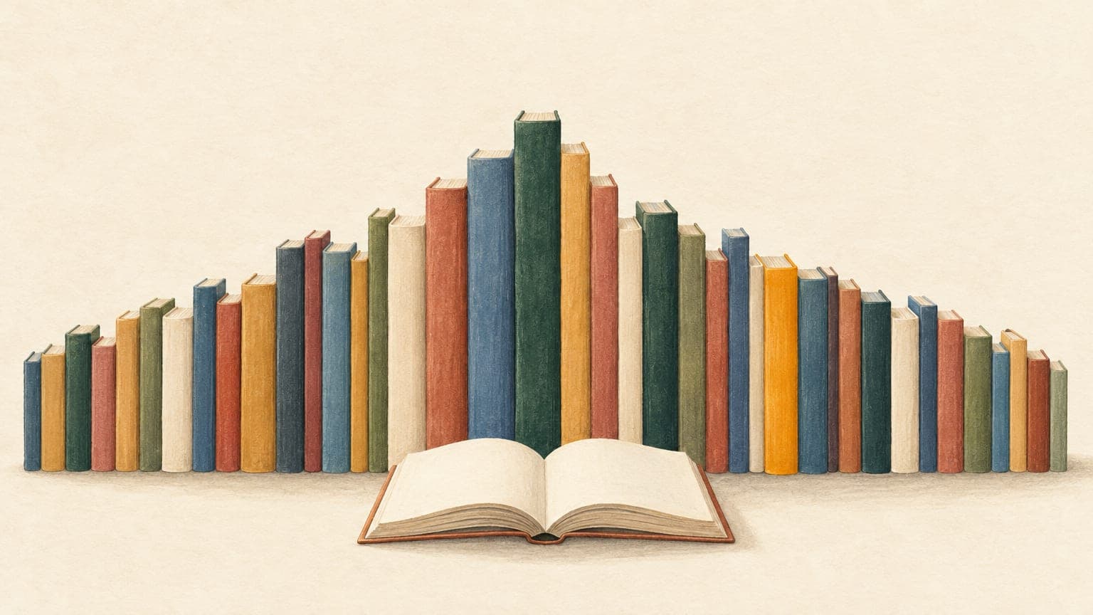 Illustration: ein Stapel unterschiedlich hoher Bücher nebeneinander auf hellem Grund, die Buchrücken ohne Schrift, davor ein einzelnes aufgeschlagenes Buch