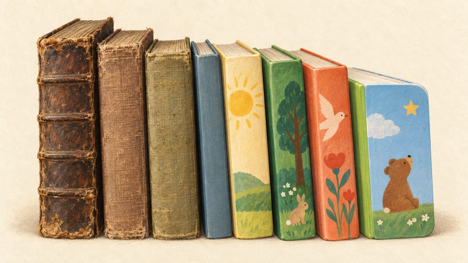 Illustration: eine Reihe sehr unterschiedlich alter Kinderbücher nebeneinander, von einem brüchigen Lederband über gebundene Leinenausgaben bis zu einem modernen Bilderbuch, alle geschlossen und ohne Schrift auf den Rücken