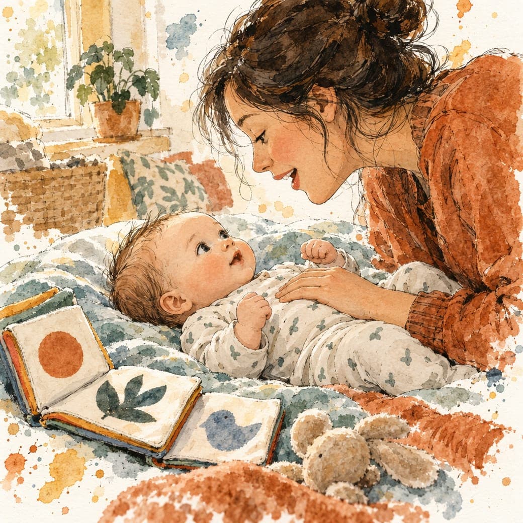 Aquarell: ein Säugling auf einer Decke blickt zu einer Erwachsenen auf, die sich im Sprechen zu ihm herunterbeugt, daneben ein aufgeschlagenes Stoffbuch