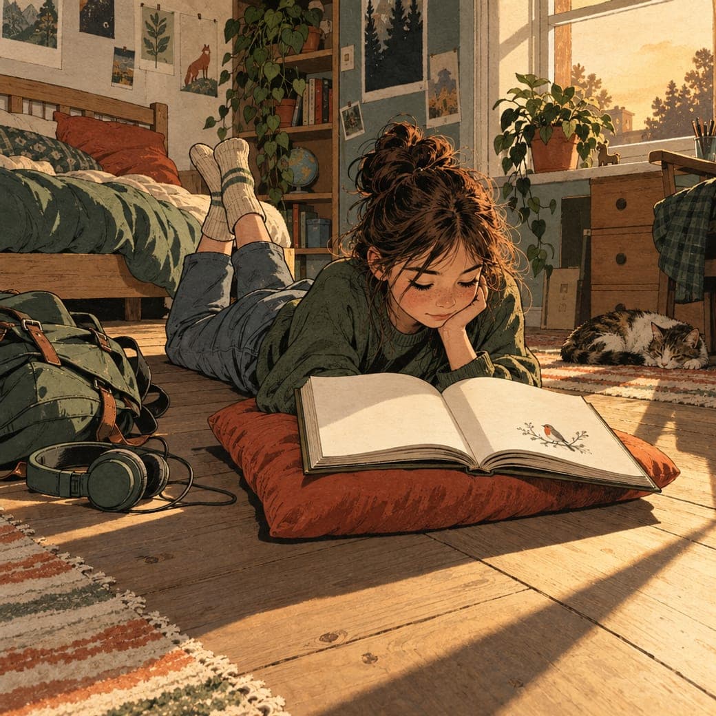 Graphic-Novel-Stil: ein etwa elfjähriges Kind liegt bäuchlings auf dem Zimmerboden, versunken in ein dickes Buch, tiefstehendes Nachmittagslicht wirft lange Schatten
