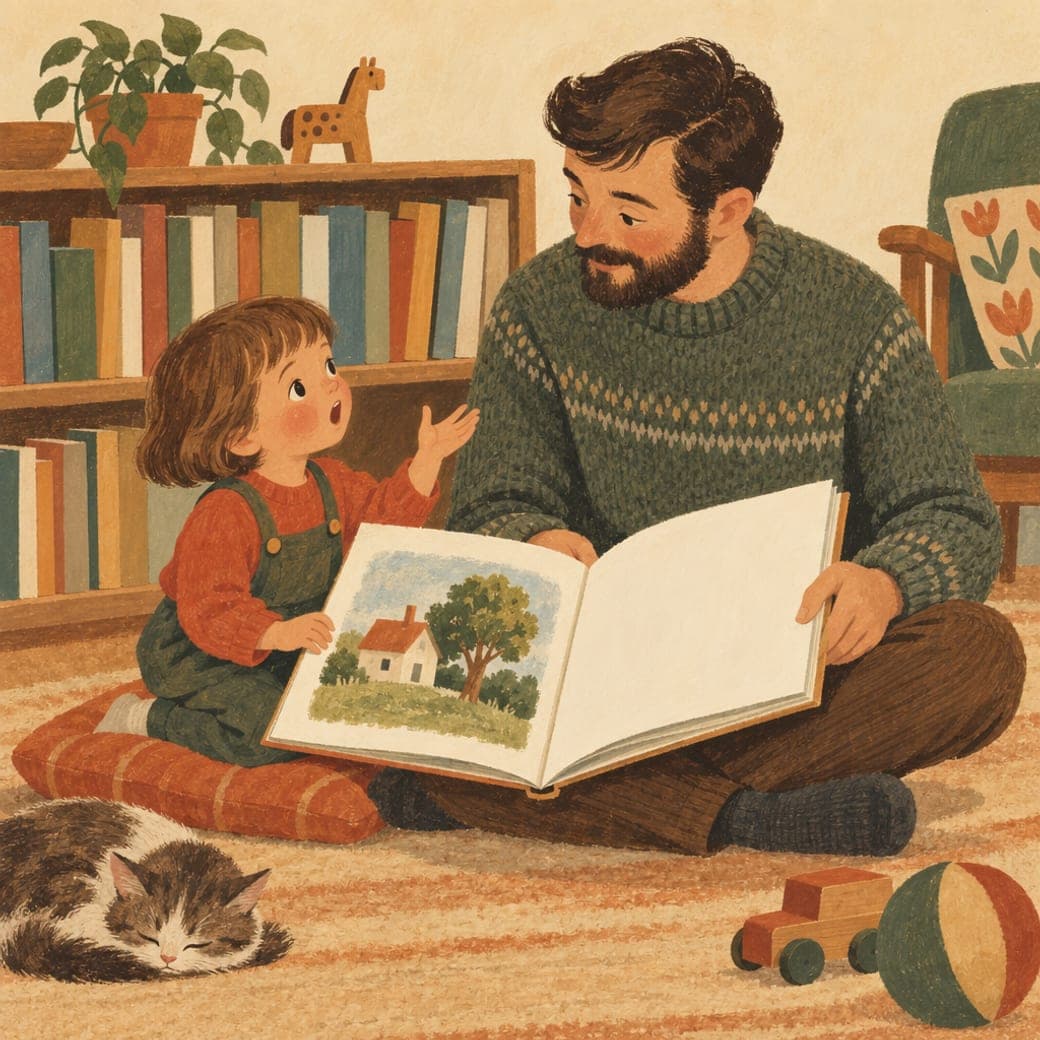 Retro-Gouache: ein Kindergartenkind kniet neben seinem Vater, beide über ein großes aufgeschlagenes Bilderbuch gebeugt, das Kind mitten in einer Frage