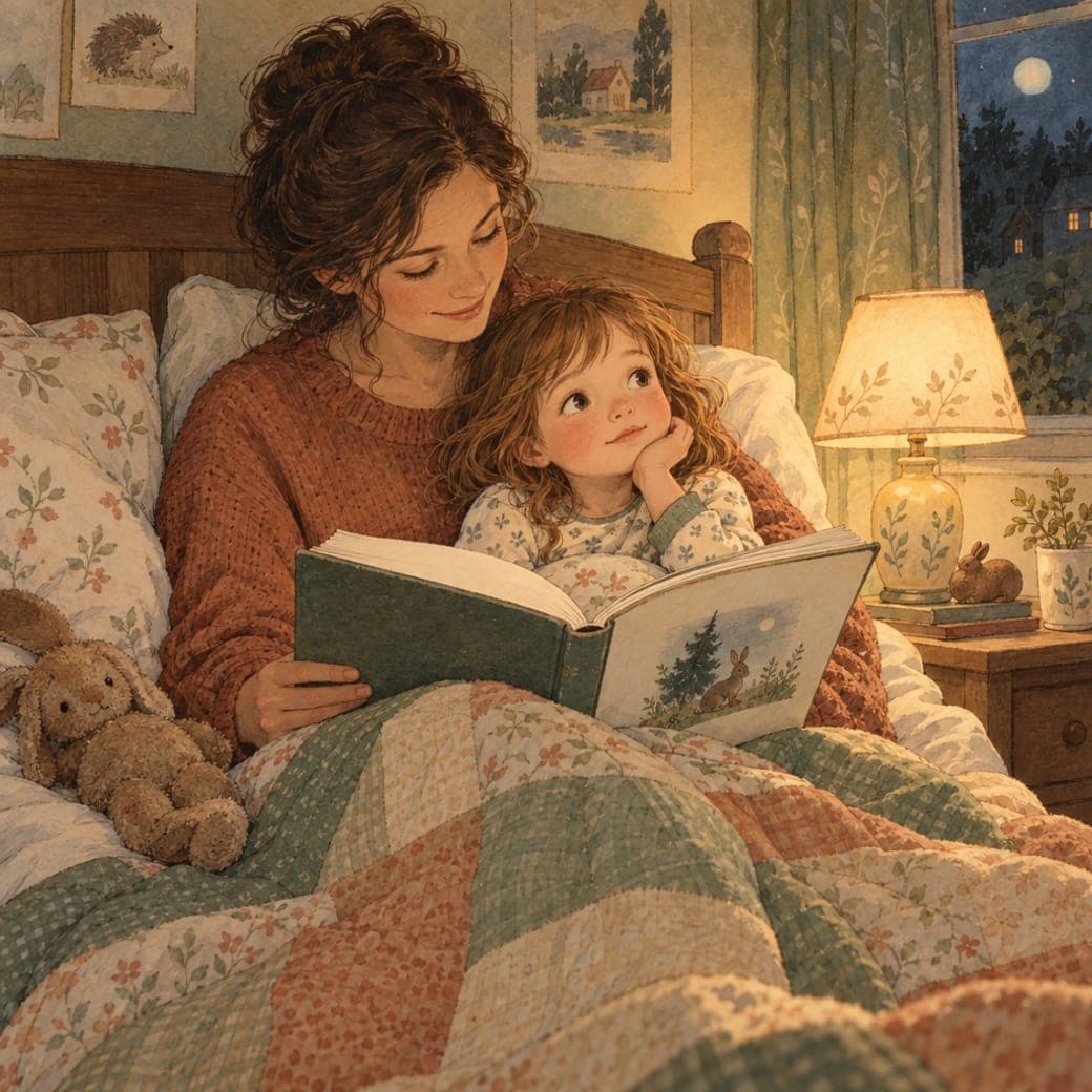 Tusche und Aquarell: ein Vorschulkind sitzt abends im Bett an eine Erwachsene gelehnt, die ein dickeres Buch auf den Knien hält, der Blick des Kindes geht in die Ferne