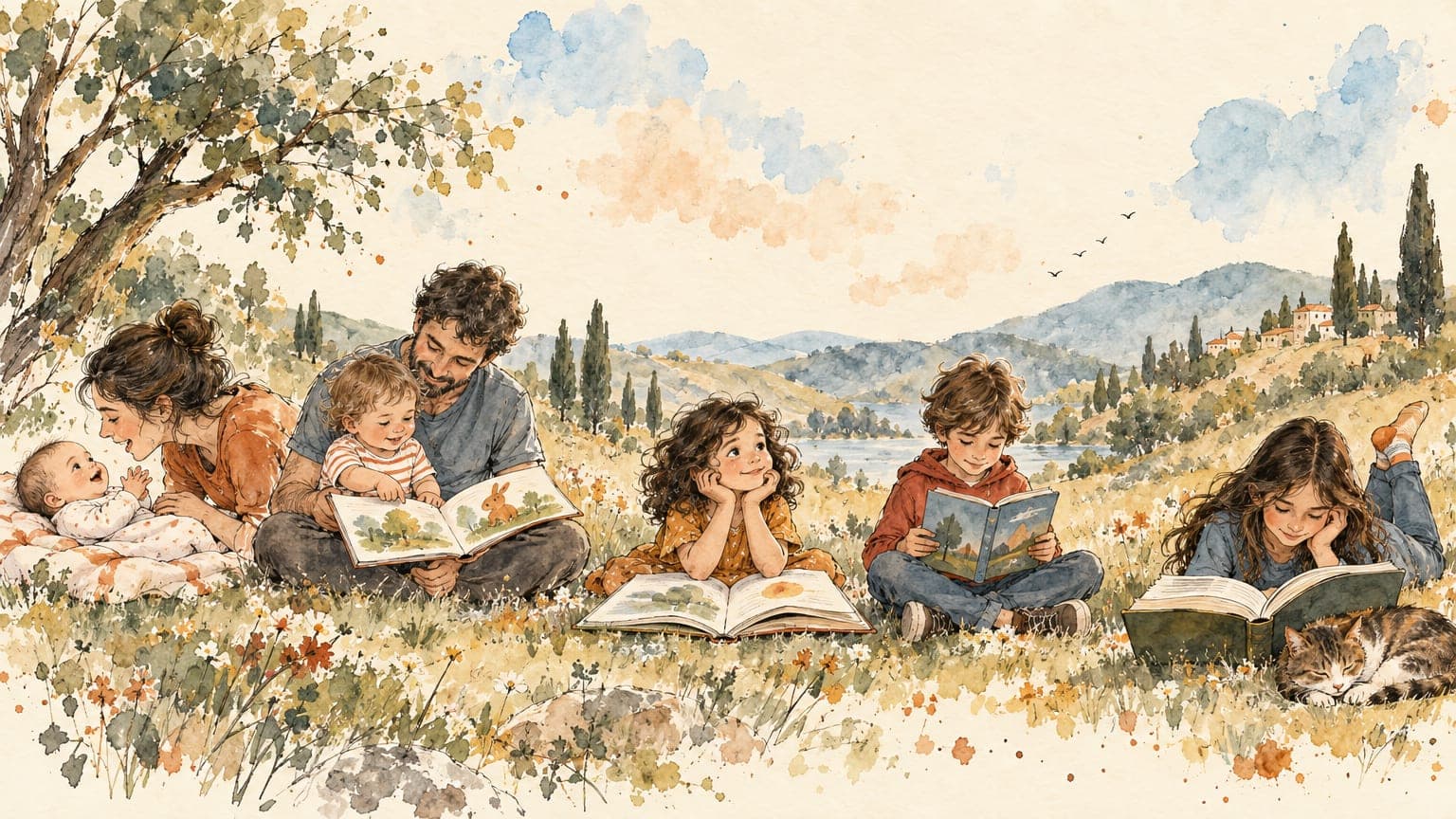 Aquarell über die ganze Breite: von links nach rechts ein Säugling auf einer Decke, ein Kleinkind auf dem Schoß mit Bilderbuch, ein zuhörendes Kindergartenkind, ein Schulkind mit einem schmalen Buch und ein älteres Kind, das versunken in einem dicken Buch liest
