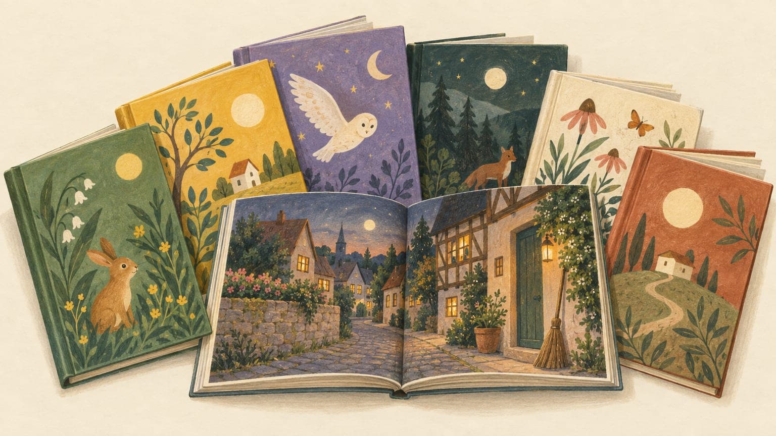 Illustration: books fanned out, one open on a painted small-town street at dusk, half-timbered houses with warmly lit windows and a wooden broom by a front door