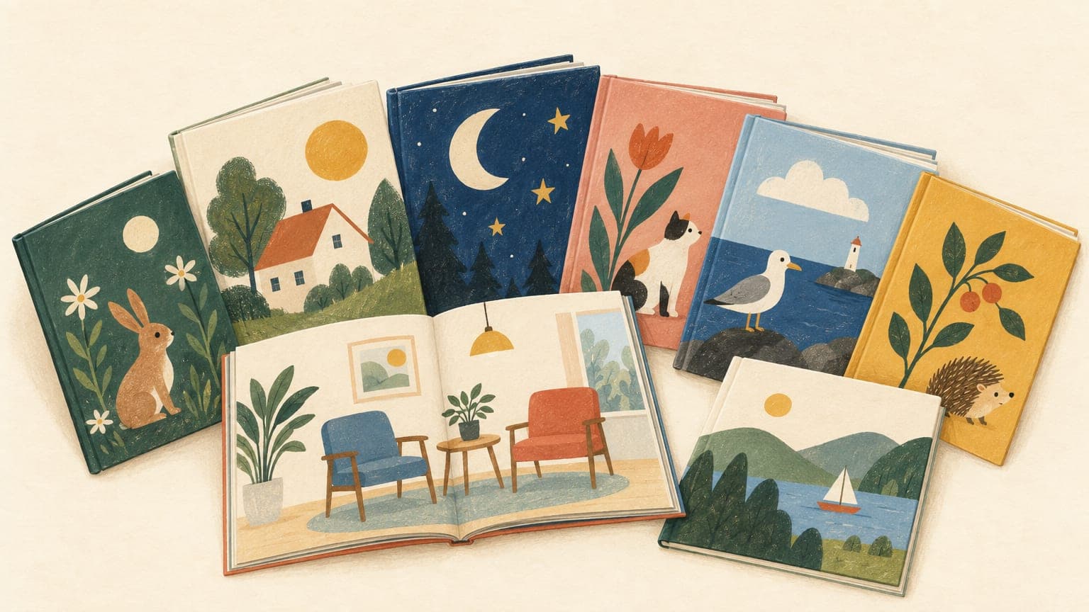 Illustration: aufgefächerte Kinderbücher aus dem Alltag, eines aufgeschlagen