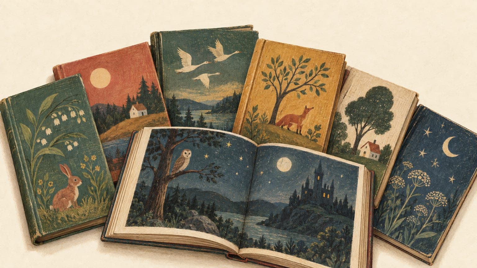 Illustration: aufgefächerte Kinderbuchklassiker in gebrauchten Einbänden, eines aufgeschlagen