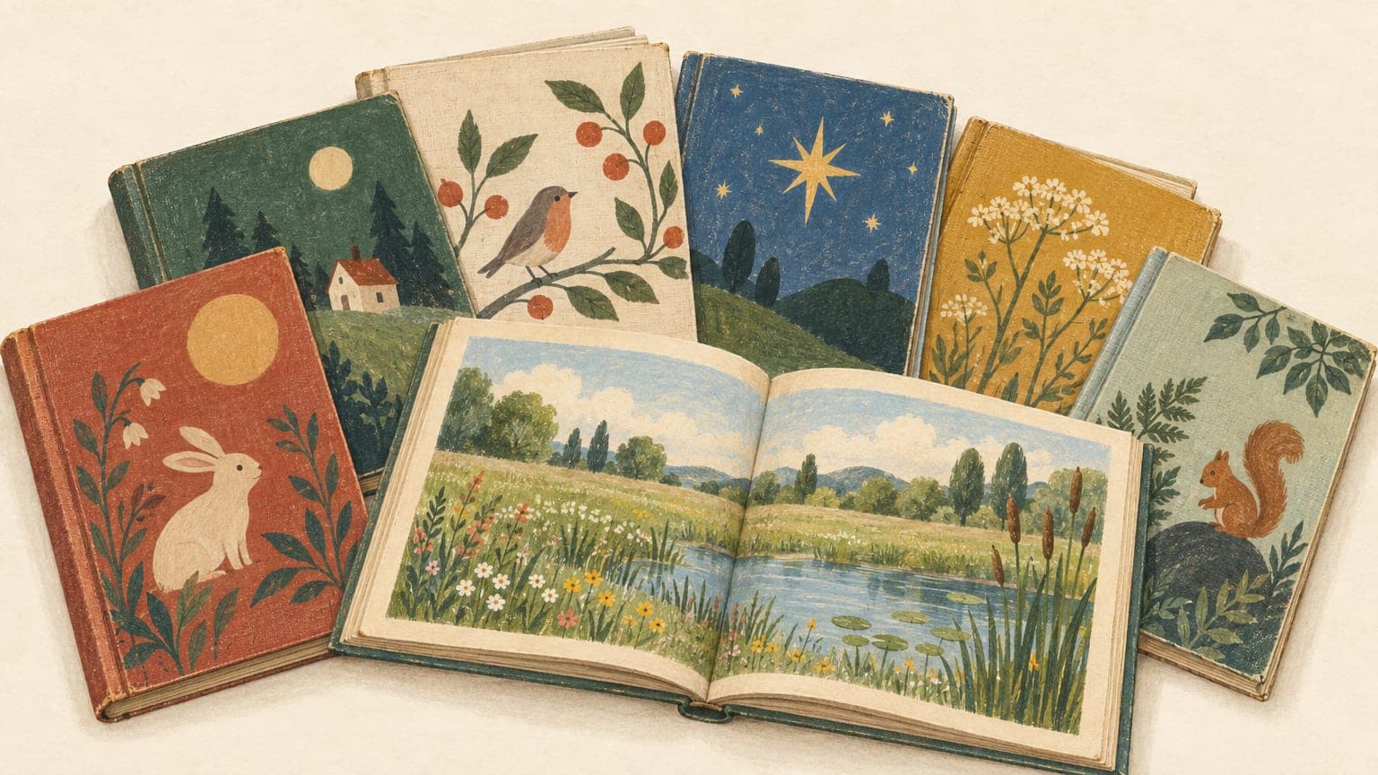 Illustration: aufgefächerte Kinderbuchklassiker in gebrauchten Einbänden, eines aufgeschlagen