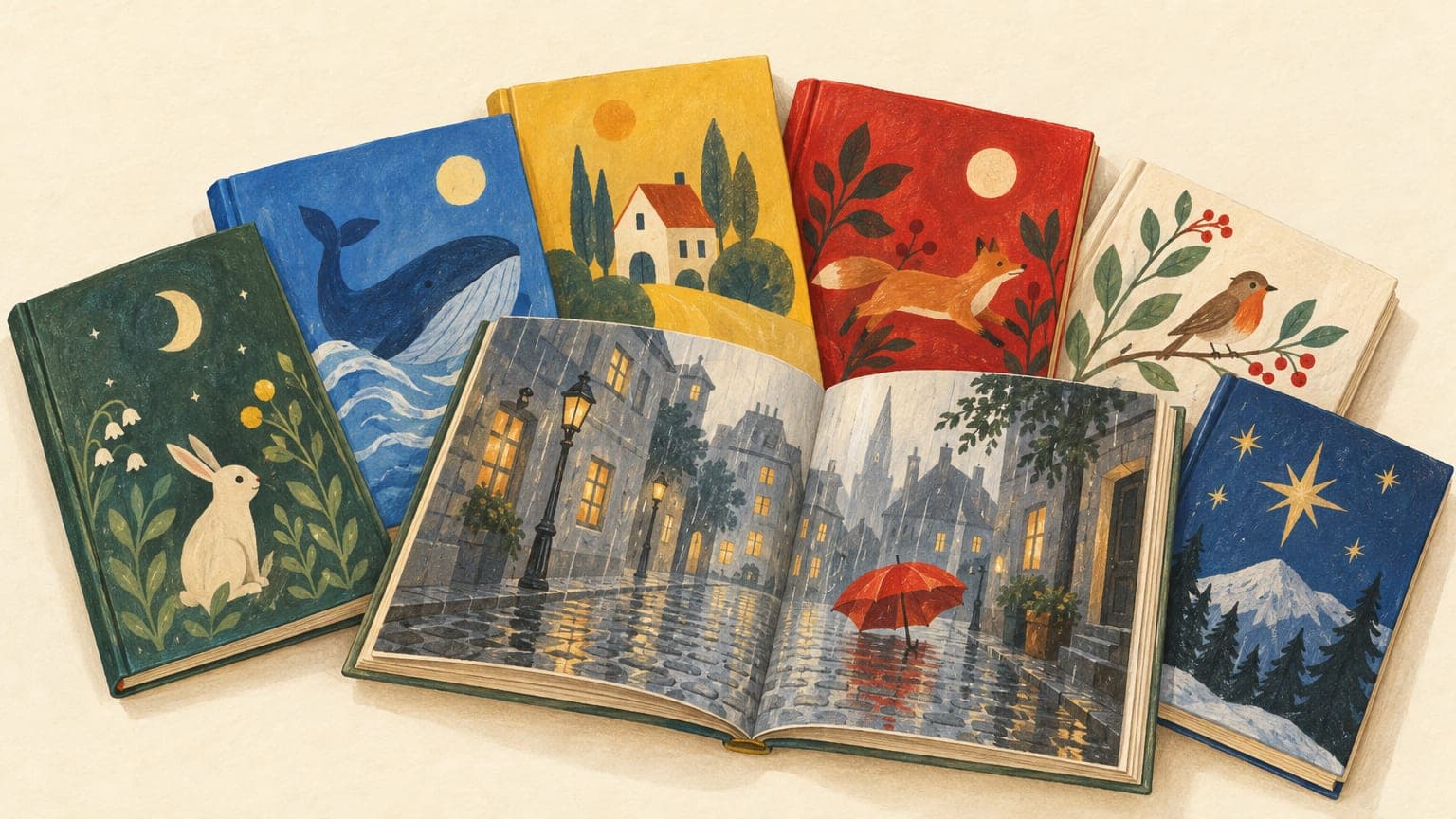 Illustration: picture books fanned out, one open on a painted rainy street across the spread, wet cobblestones and a bright red umbrella