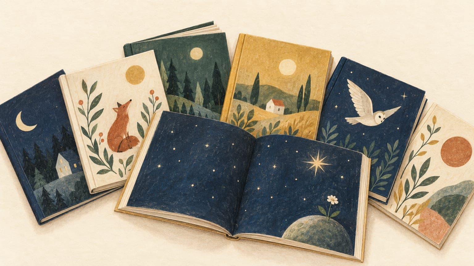 Ilustración: libros ilustrados en abanico y, en primer plano, uno abierto con un cielo nocturno azul oscuro, una estrella grande y un planeta pequeño con una flor