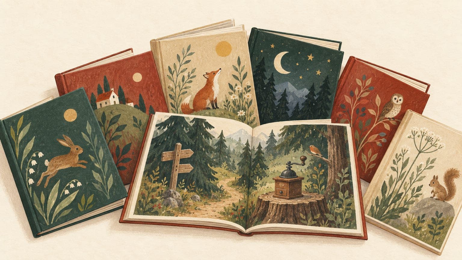 Illustration: aufgefächerte Bilderbücher, eines aufgeschlagen mit einem gemalten Waldweg zwischen dunklen Tannen, davor ein verwitterter Wegweiser und eine alte Kaffeemühle auf einem Baumstumpf