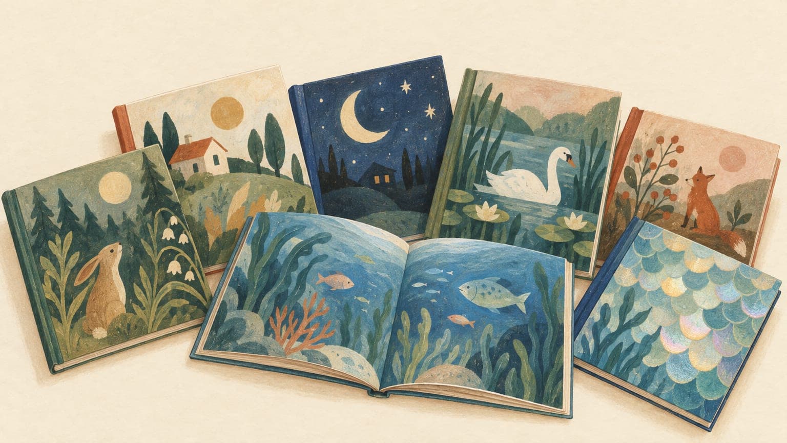 Illustration: aufgefächerte Kinderbuchklassiker in gebrauchten Einbänden, eines aufgeschlagen