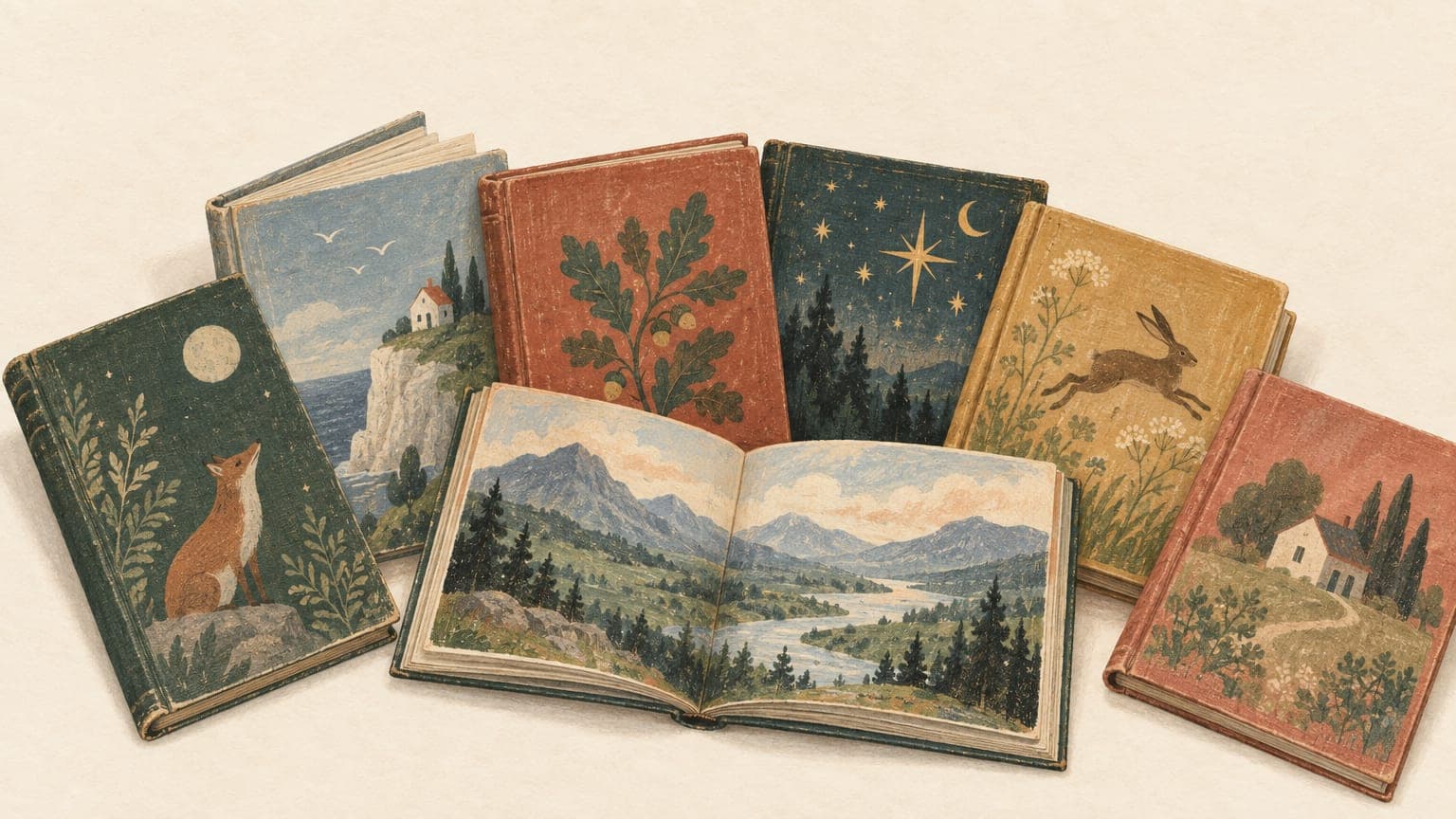 Illustration: aufgefächerte Kinderbuchklassiker in gebrauchten Einbänden, eines aufgeschlagen