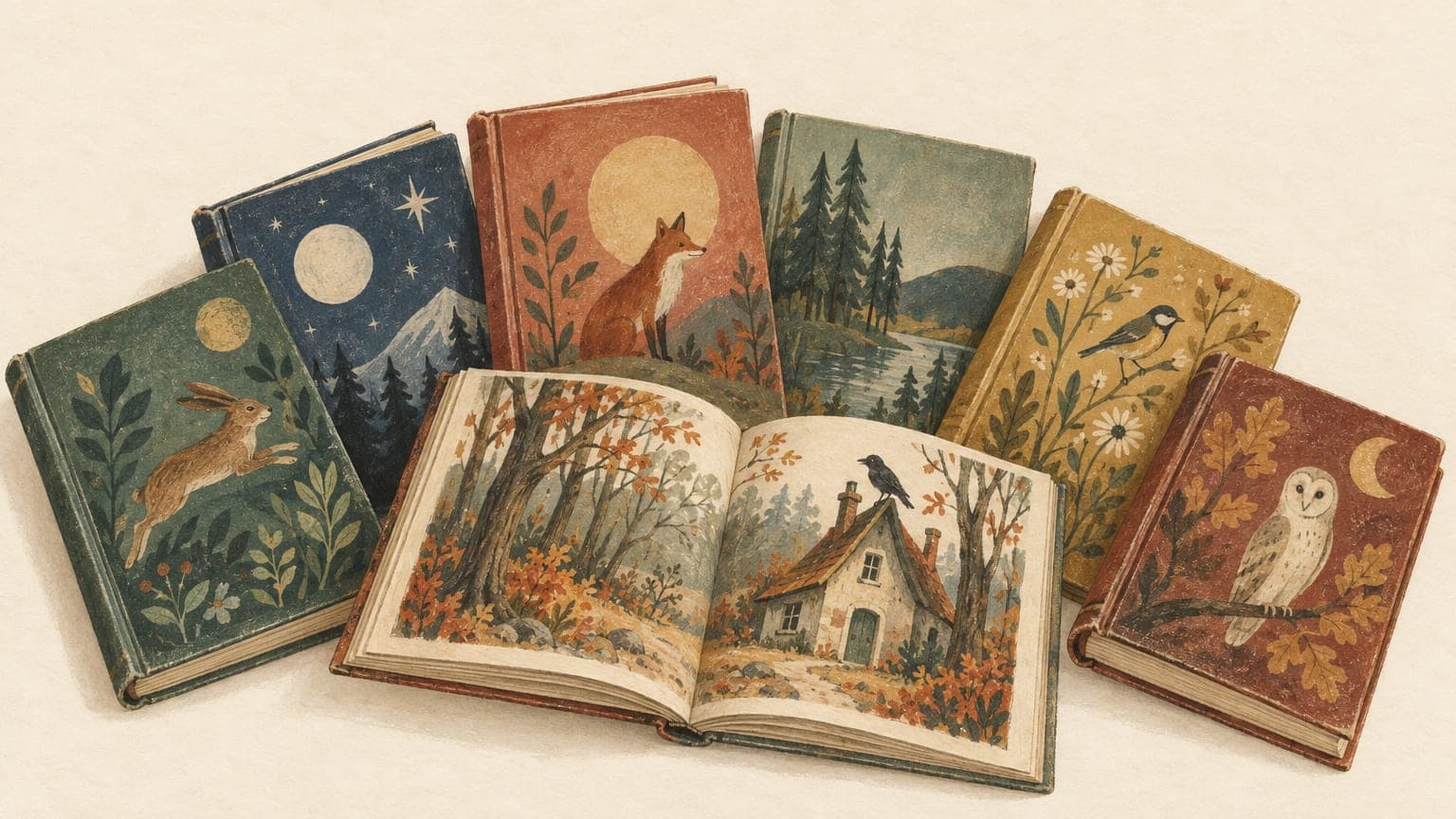 Illustration: aufgefächerte Kinderbuchklassiker in gebrauchten Einbänden, eines aufgeschlagen