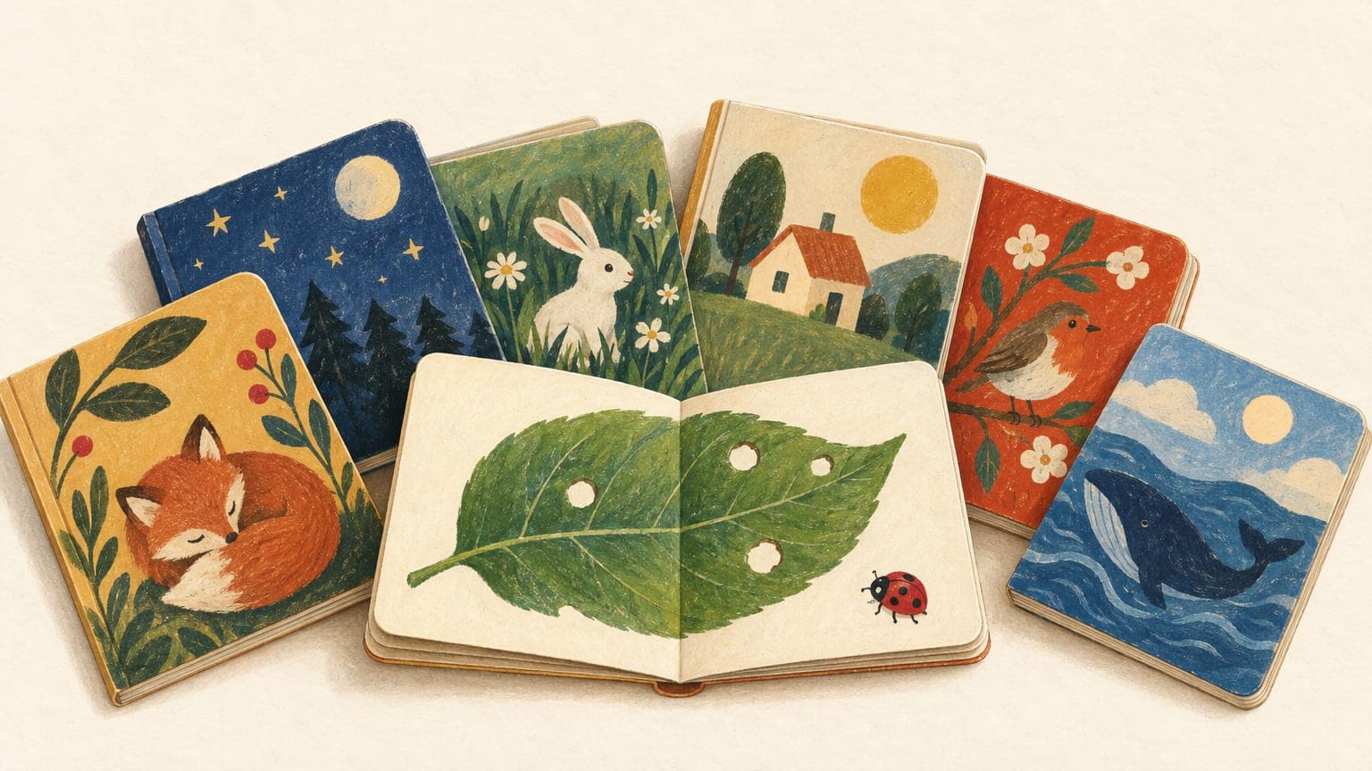 Illustration: aufgefächerte Bilderbücher in gebrauchten Einbänden, eines aufgeschlagen