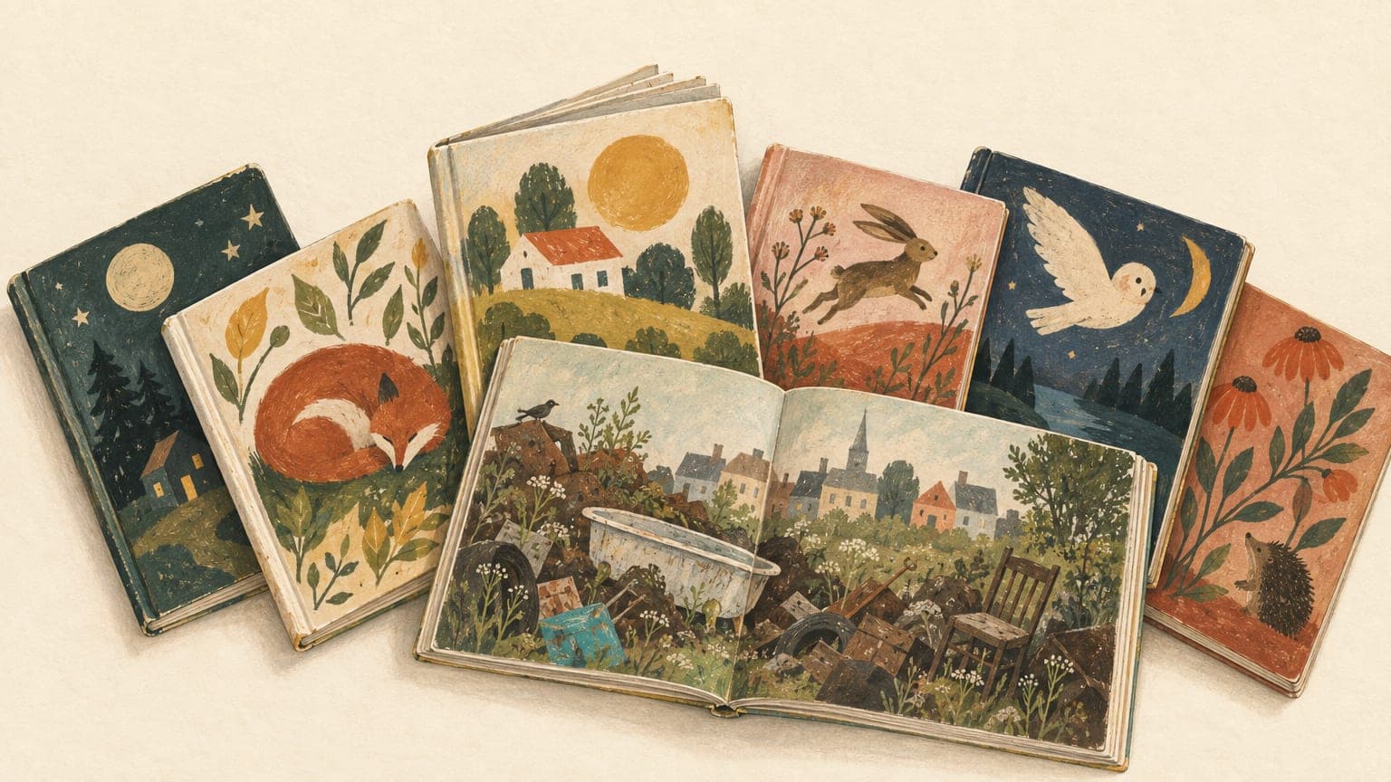 Illustration: aufgefächerte Kinderbücher in gebrauchten Einbänden, eines aufgeschlagen