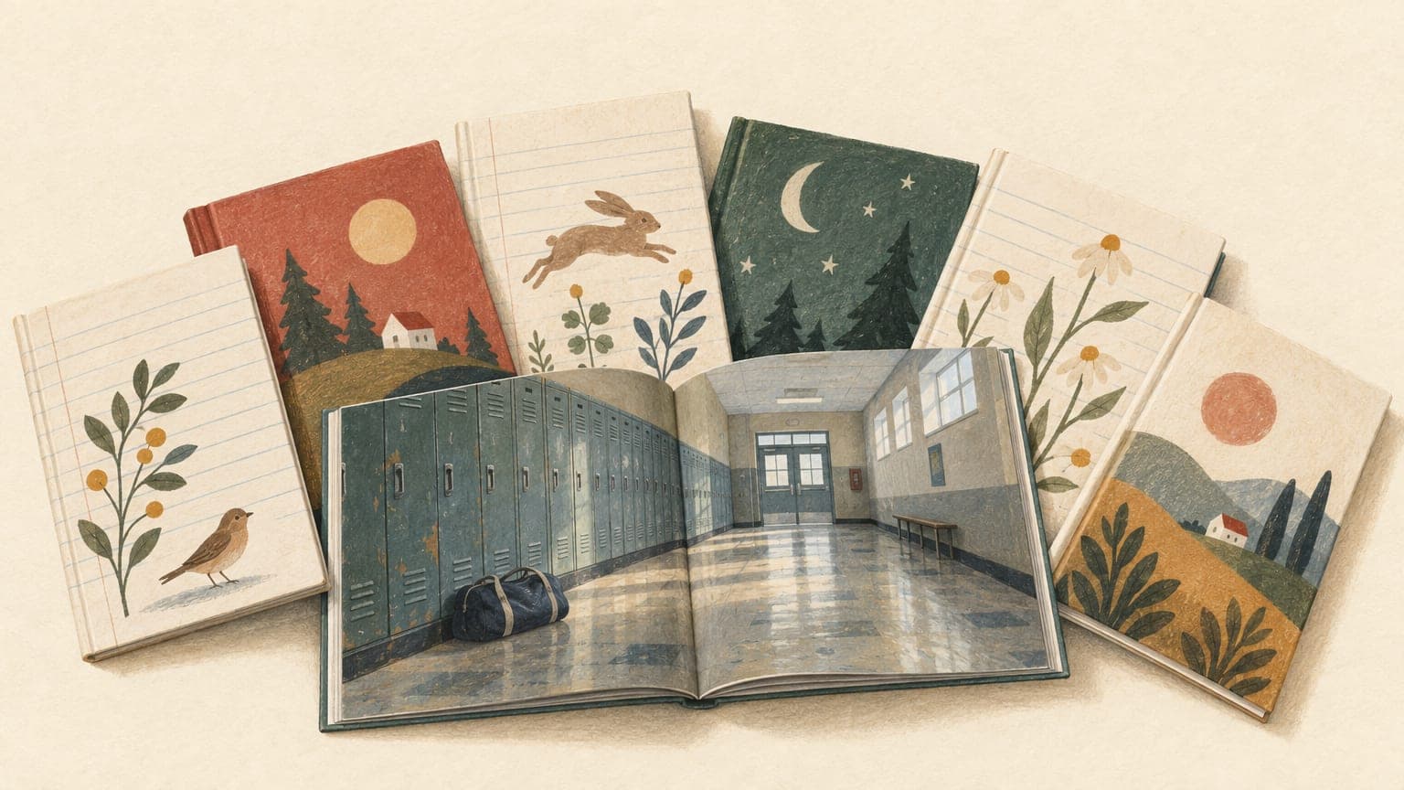 Illustration: books fanned out, one open on a painted school corridor across the spread, a long row of dented lockers and a forgotten sports bag