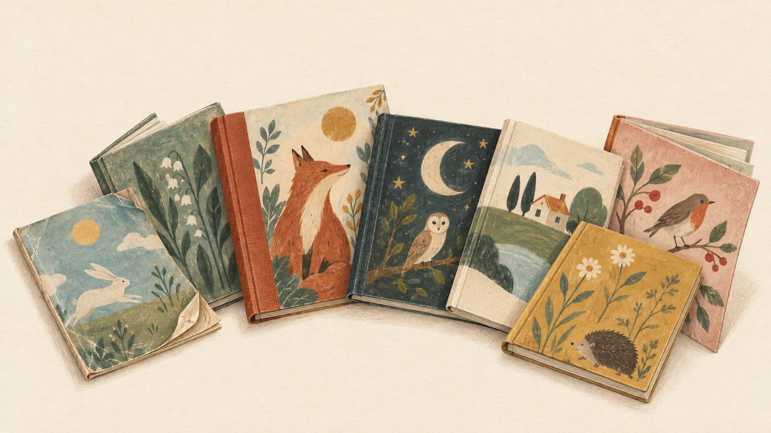 Ilustração: sete livros ilustrados com capas pintadas, dispostos em cima de uma mesa
