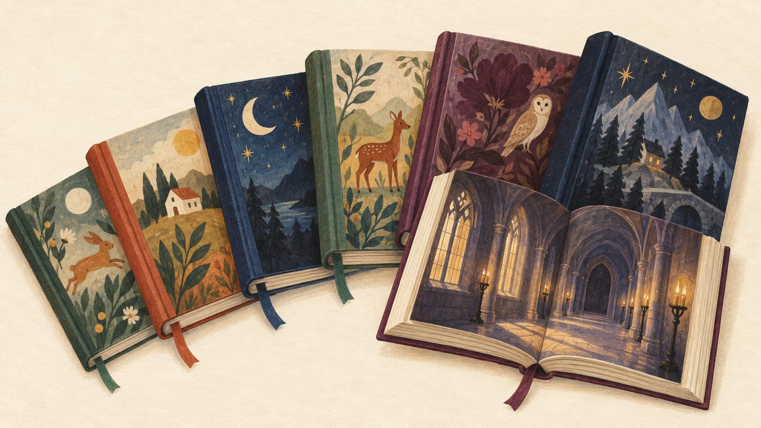Illustration: aufgefächerte Kinderbuchklassiker in gebrauchten Einbänden, eines aufgeschlagen