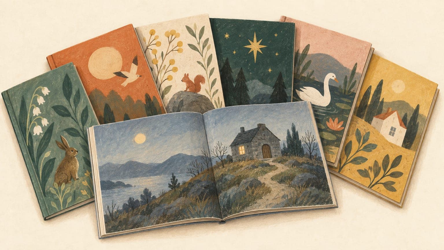 Illustration: aufgefächerte Bilderbücher in gebrauchten Einbänden, eines aufgeschlagen