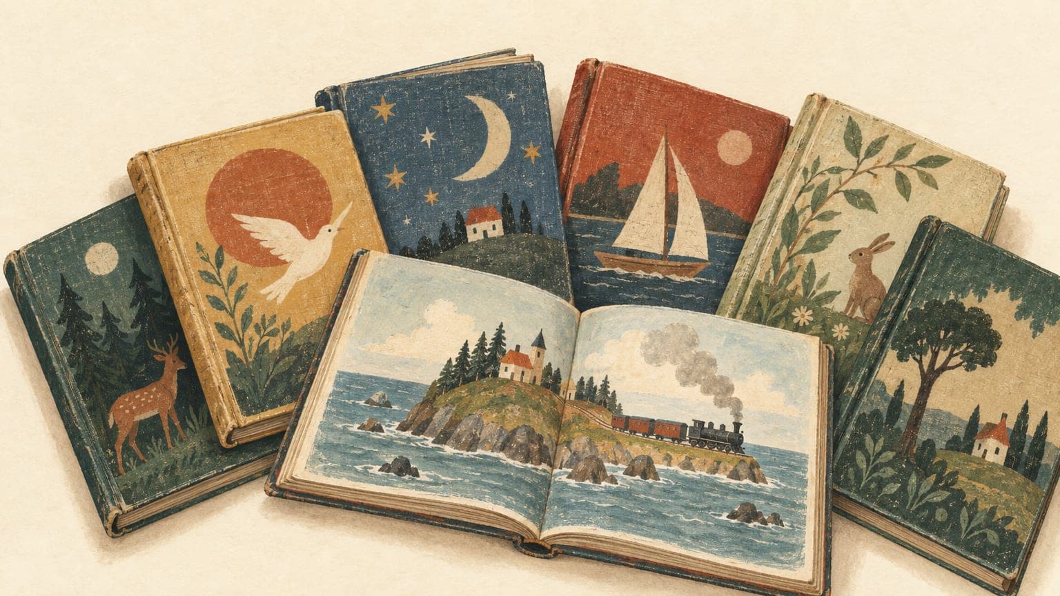 Illustration: aufgefächerte Kinderbuchklassiker in gebrauchten Einbänden, eines aufgeschlagen