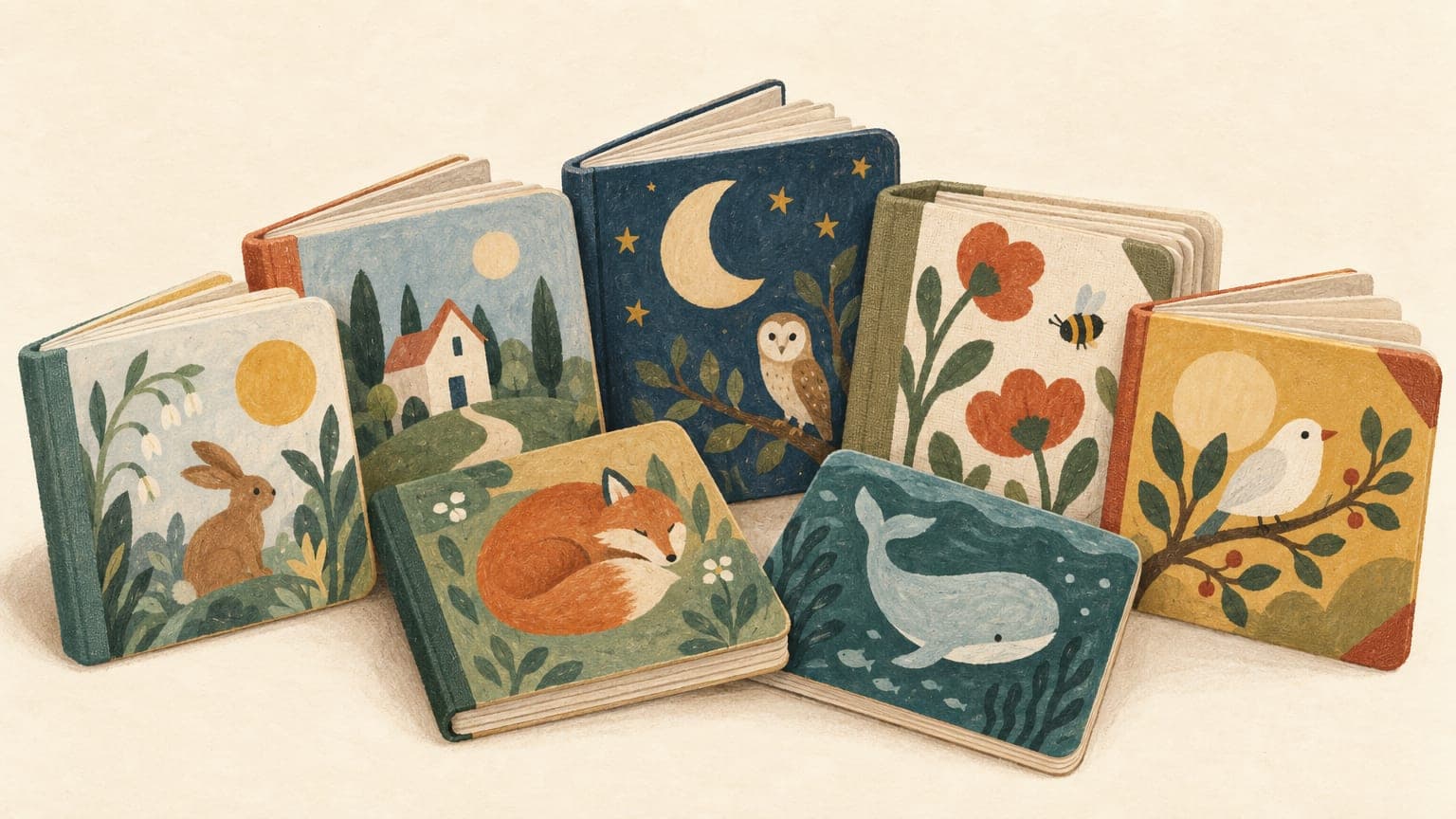 イラスト:ボードブックが扇のように並び、手前に開いた一冊。やわらかな色の動物が描かれている
