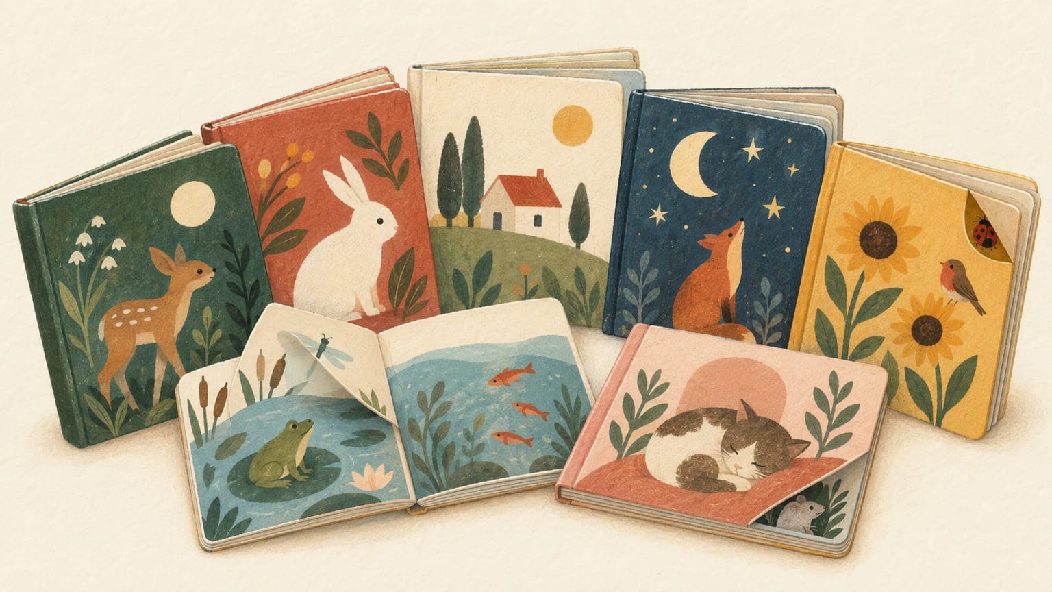 Illustratie: kartonboekjes voor de allerkleinsten in een waaier, met een reekalfje, een konijn en een slapende kat