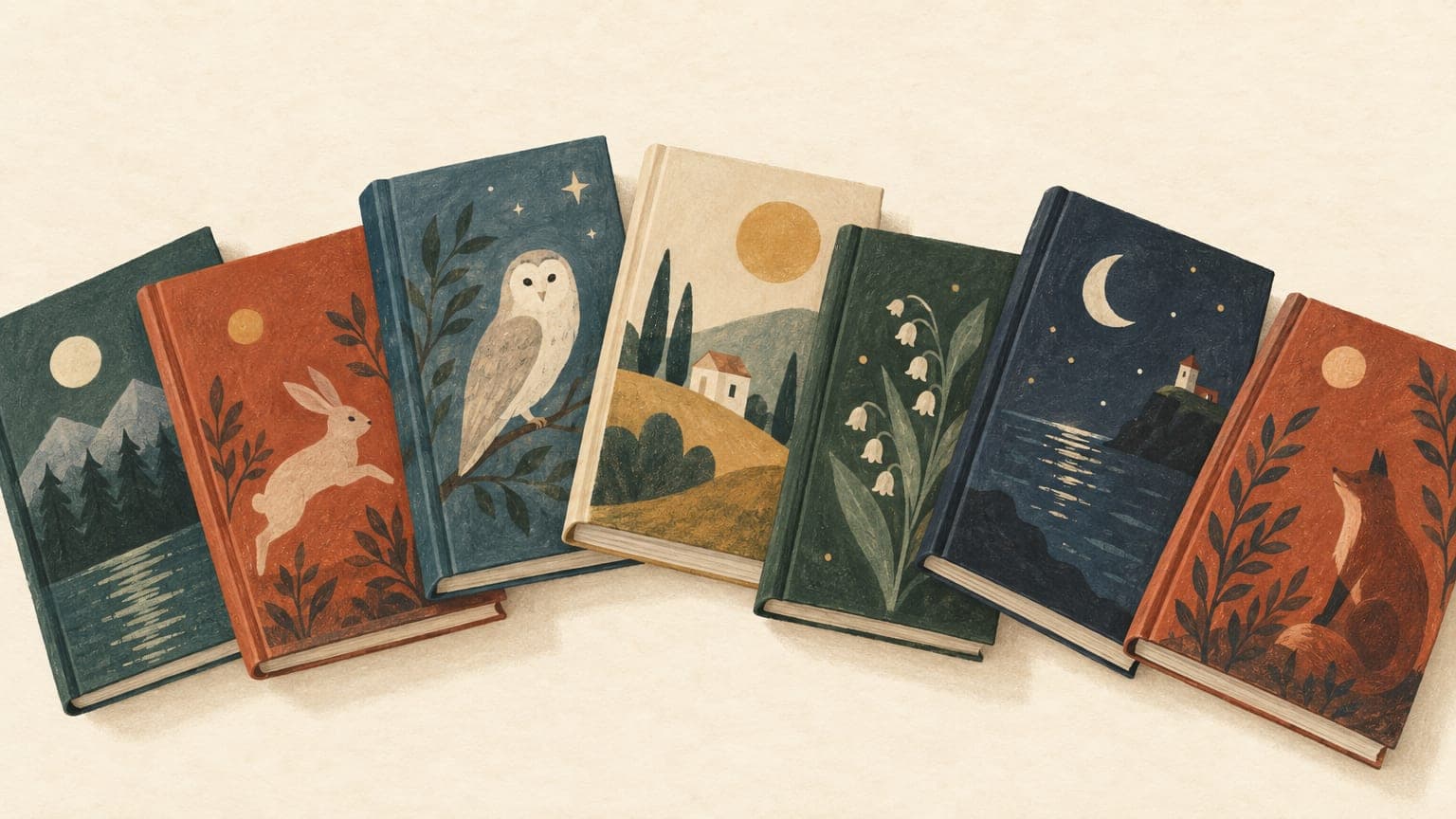 Ilustración: siete libros de tapa dura en fila ligeramente curvada, con cubiertas que muestran un lago entre montañas, una liebre saltando, una lechuza, una casa en una colina, un lirio de los valles, una luna sobre un acantilado y un zorro