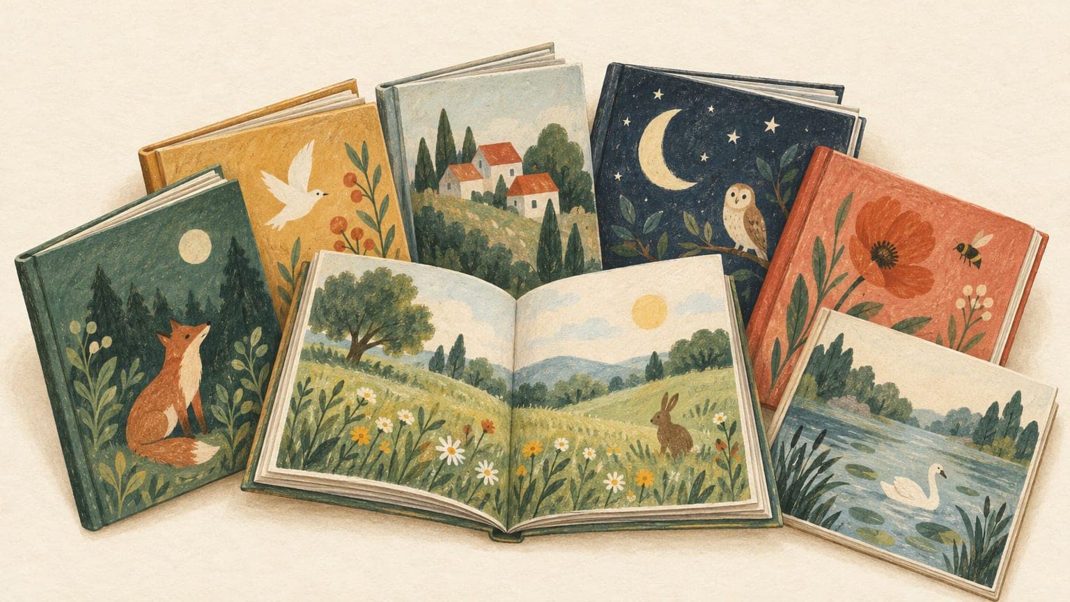 Illustration: picture books for toddlers fanned out, one open on a flowery meadow with a rabbit