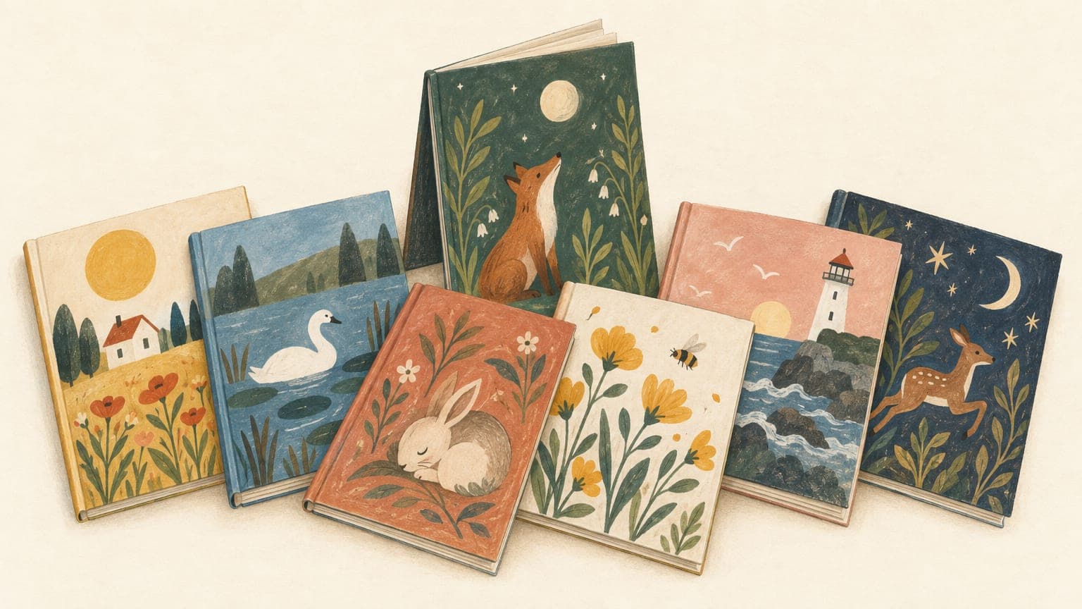 Ilustração: sete livros ilustrados com capas pintadas, dispostos em cima de uma mesa
