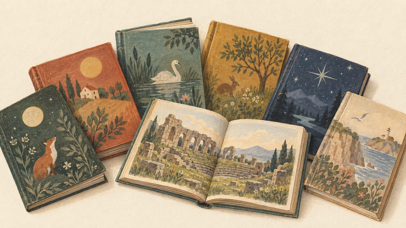 Illustration: aufgefächerte Kinderbuchklassiker in gebrauchten Einbänden, eines aufgeschlagen