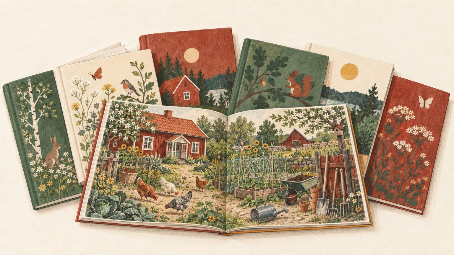 Illustration: aufgefächerte Bilderbücher, eines aufgeschlagen mit einem gemalten schwedischen Hof über die Doppelseite, rotes Holzhaus, Gemüsebeet, Hühner und Werkzeug, bis an die Ränder vollgestellt