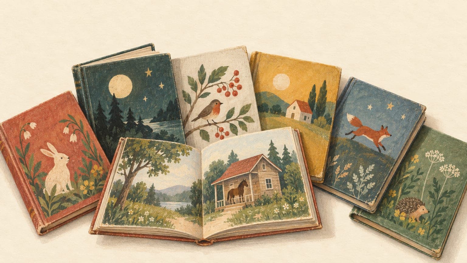 Illustration: aufgefächerte Kinderbuchklassiker in gebrauchten Leineneinbänden, eines aufgeschlagen