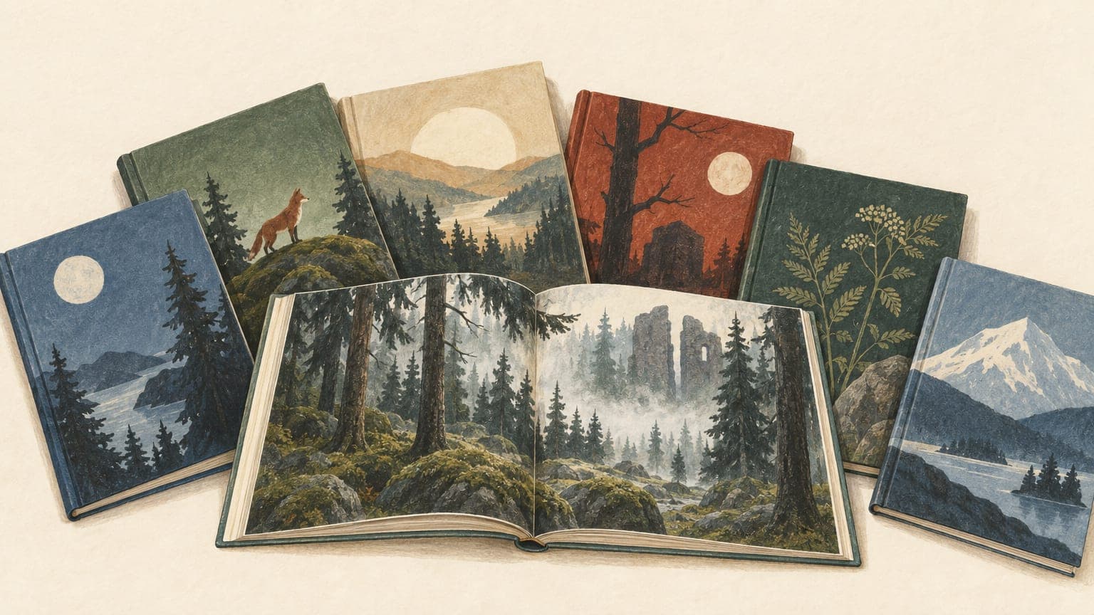 Illustration: aufgefächerte Bilderbücher, eines aufgeschlagen mit einem gemalten nordischen Wald über die Doppelseite, Morgennebel zwischen hohen Fichten und in der Ferne eine vom Spalt geteilte Burgruine