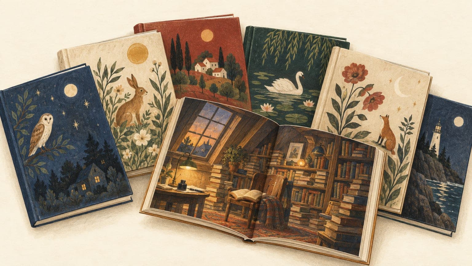 Illustration: books fanned out, one open on a painted attic room across the spread, books stacked to the ceiling, an inkwell and a quill on the table