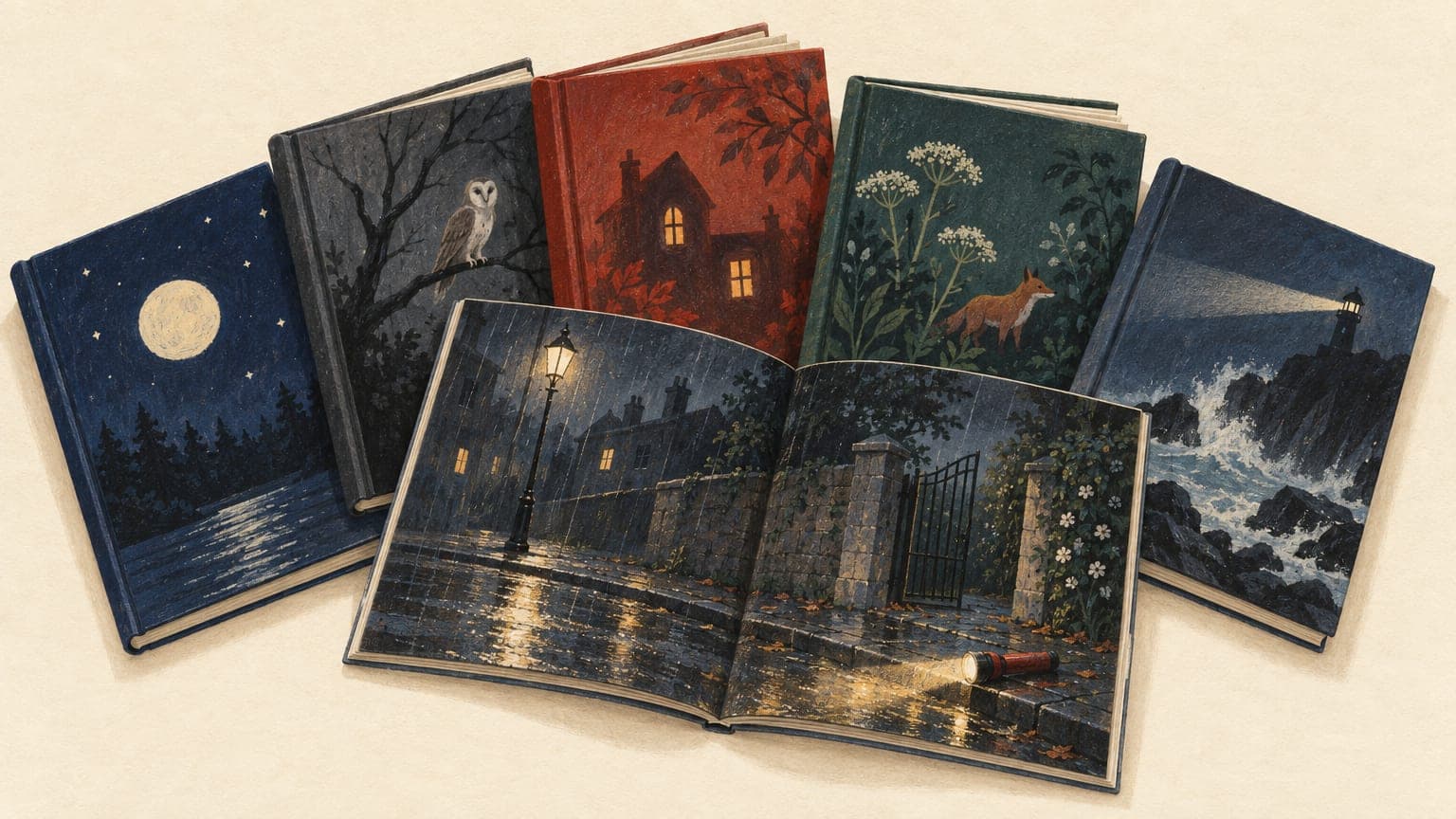 Illustration: aufgefächerte Bücher, eines aufgeschlagen mit einer gemalten nächtlichen Straße über die Doppelseite, nasser Asphalt unter einer Laterne, ein angelehntes Fahrrad und eine Taschenlampe am Bordstein
