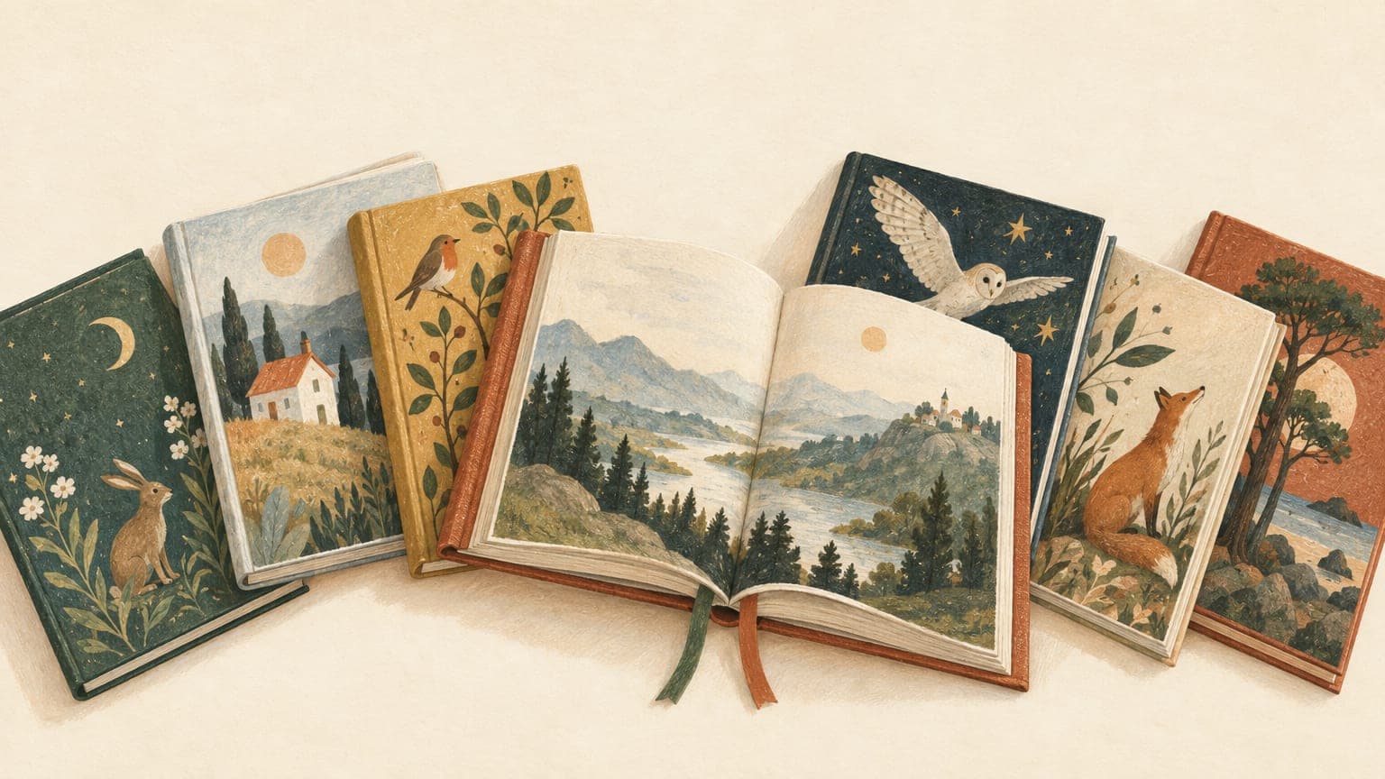 Illustration: aufgefächerte Kinderbuchklassiker in gebrauchten Einbänden, eines aufgeschlagen