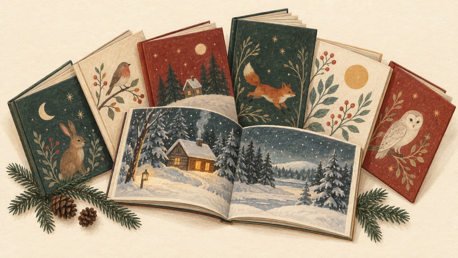 Illustration: aufgefächerte Bilderbücher, eines aufgeschlagen mit einer gemalten verschneiten Winterszene über die Doppelseite, daneben ein Tannenzweig