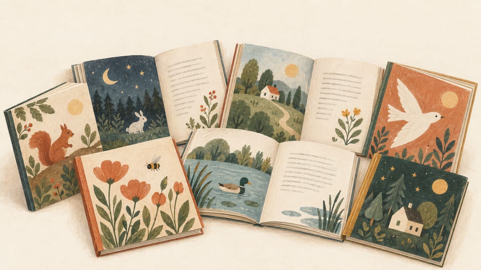 Illustration: open picture books, with pages more or less full of text