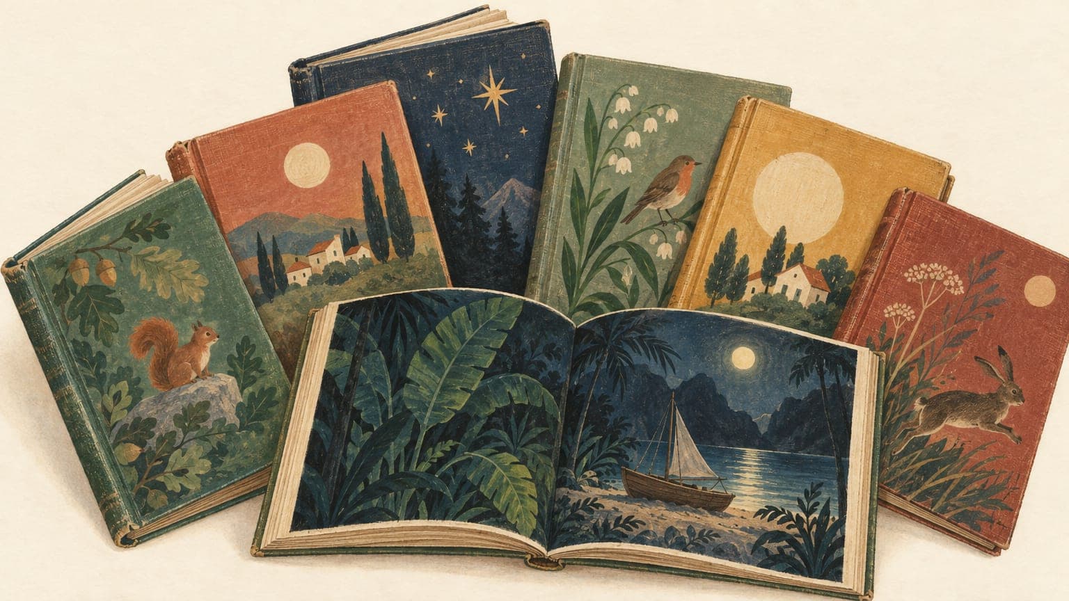 Illustration: aufgefächerte Kinderbuchklassiker in gebrauchten Einbänden, eines aufgeschlagen