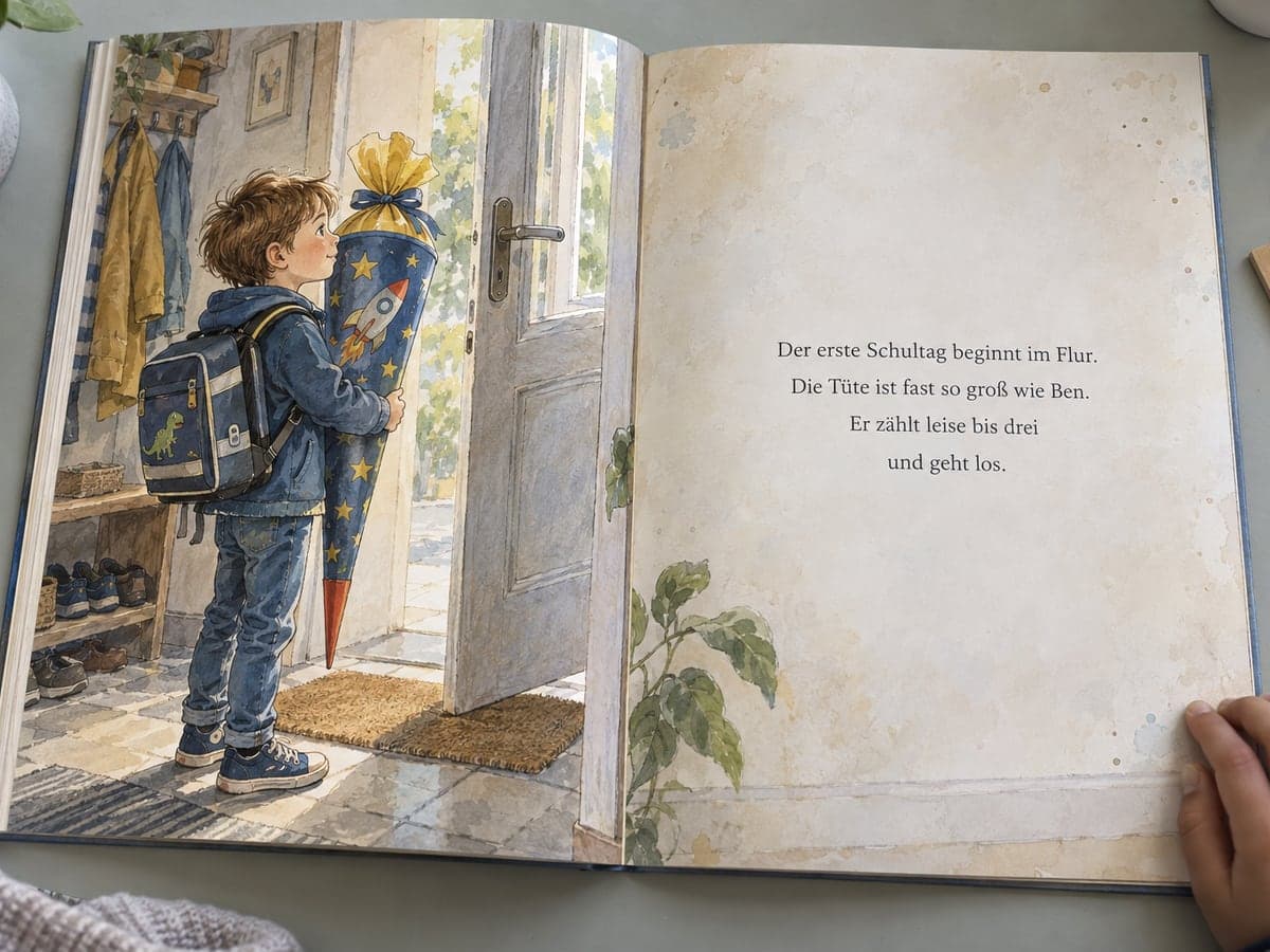 Aufgeschlagenes personalisiertes Kinderbuch zur Einschulung, links die Illustration, rechts der Text