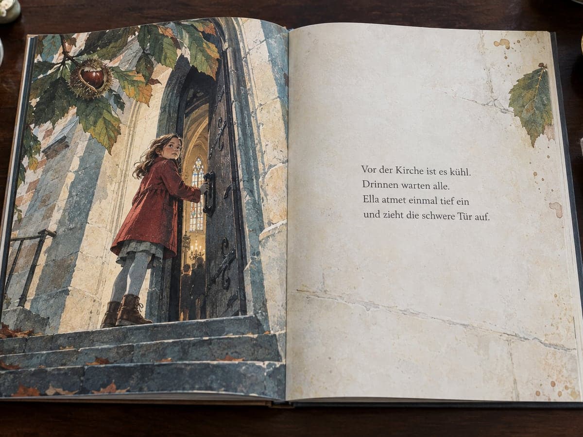 Aufgeschlagenes personalisiertes Buch zur Firmung, links die Illustration, rechts der Text