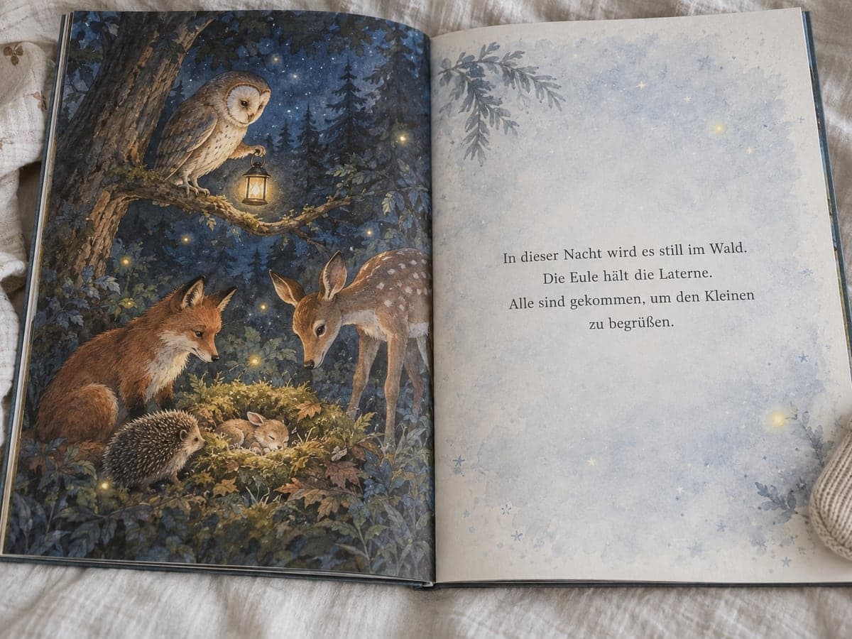 Aufgeschlagenes personalisiertes Kinderbuch zur Geburt, links die Illustration, rechts der Text