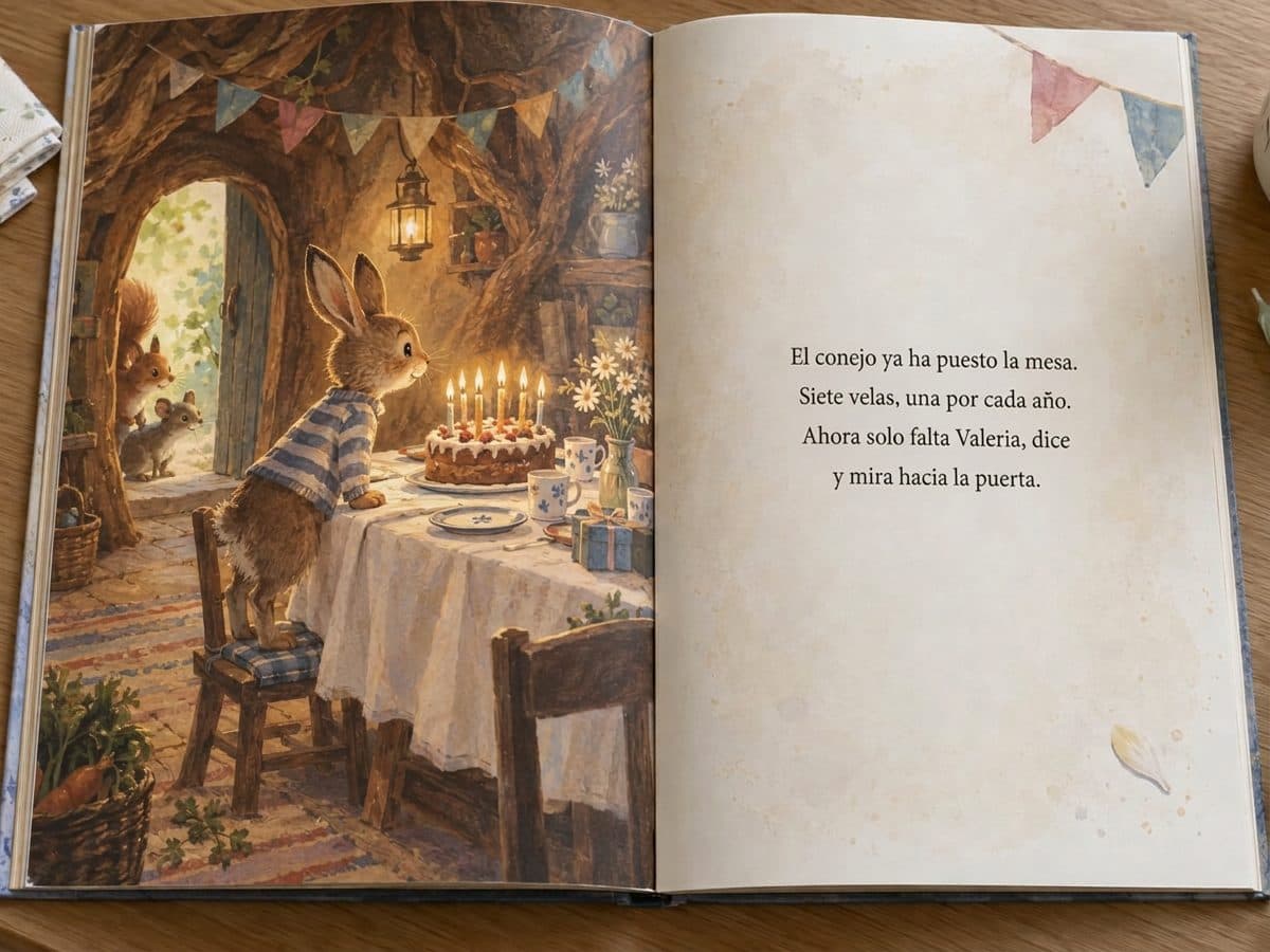 Doble página de un libro de cumpleaños personalizado, con un conejo y una tarta