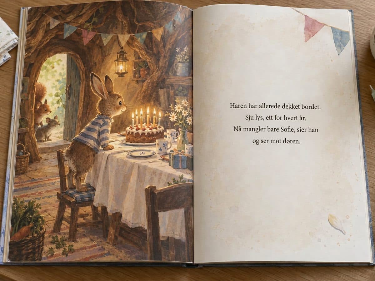 Oppslag fra en personlig bursdagsbok med en hare og en kake