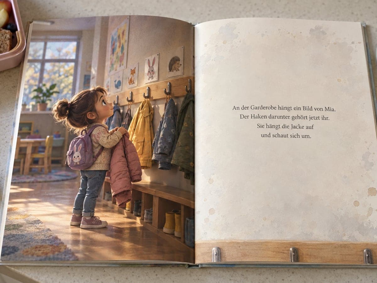 Aufgeschlagenes personalisiertes Kinderbuch zum Kindergartenstart, links die Illustration, rechts der Text