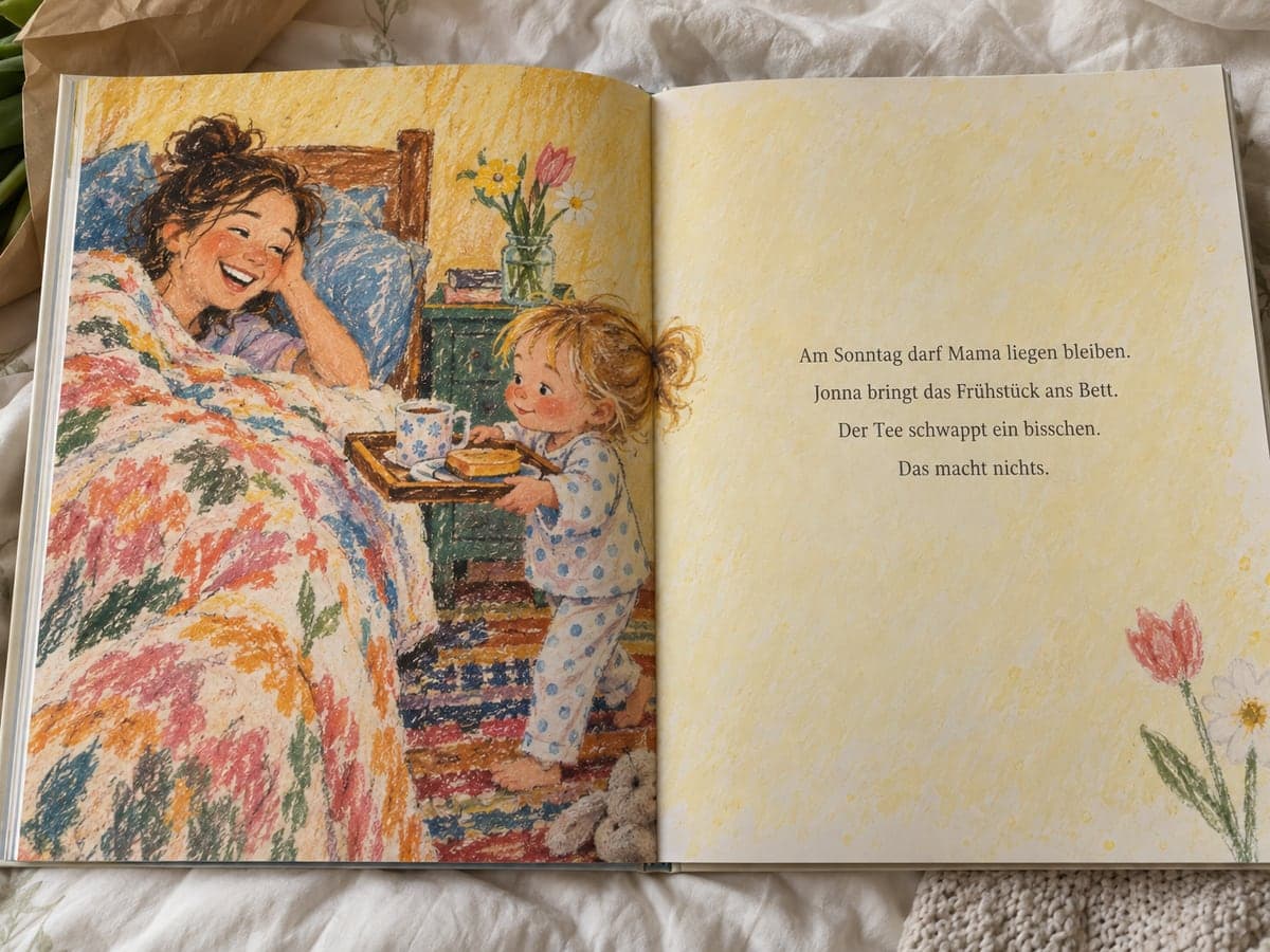 Aufgeschlagenes personalisiertes Kinderbuch zum Muttertag, links die Illustration, rechts der Text