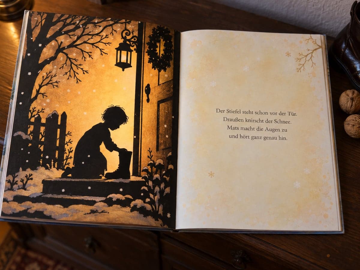 Aufgeschlagenes personalisiertes Kinderbuch zum Samichlaus, links die Illustration, rechts der Text
