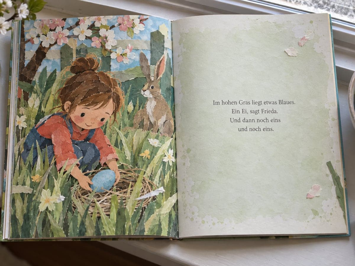 Aufgeschlagenes personalisiertes Kinderbuch zu Ostern, links die Illustration, rechts der Text