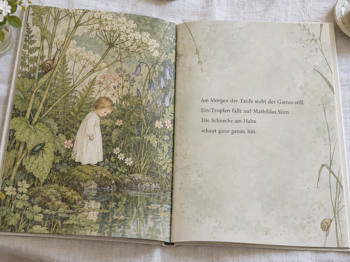 Aufgeschlagenes personalisiertes Kinderbuch zur Taufe, links die Illustration, rechts der Text